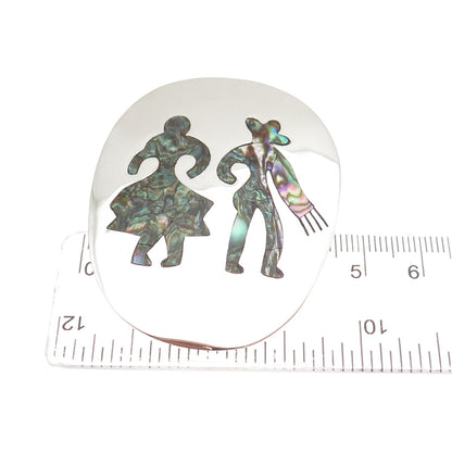 925 Sterling Silver Vintage Mexico Real Abalone Shell Couple Pin Brooch Pendant