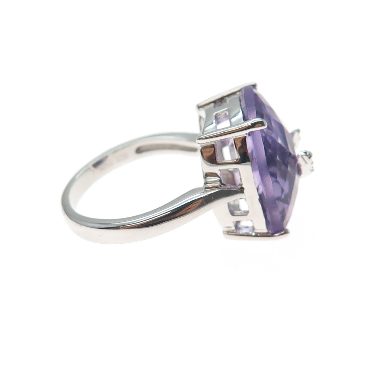 925 Sterling Silver Real Round-Cut Diamond & Amethyst Ring Size 7