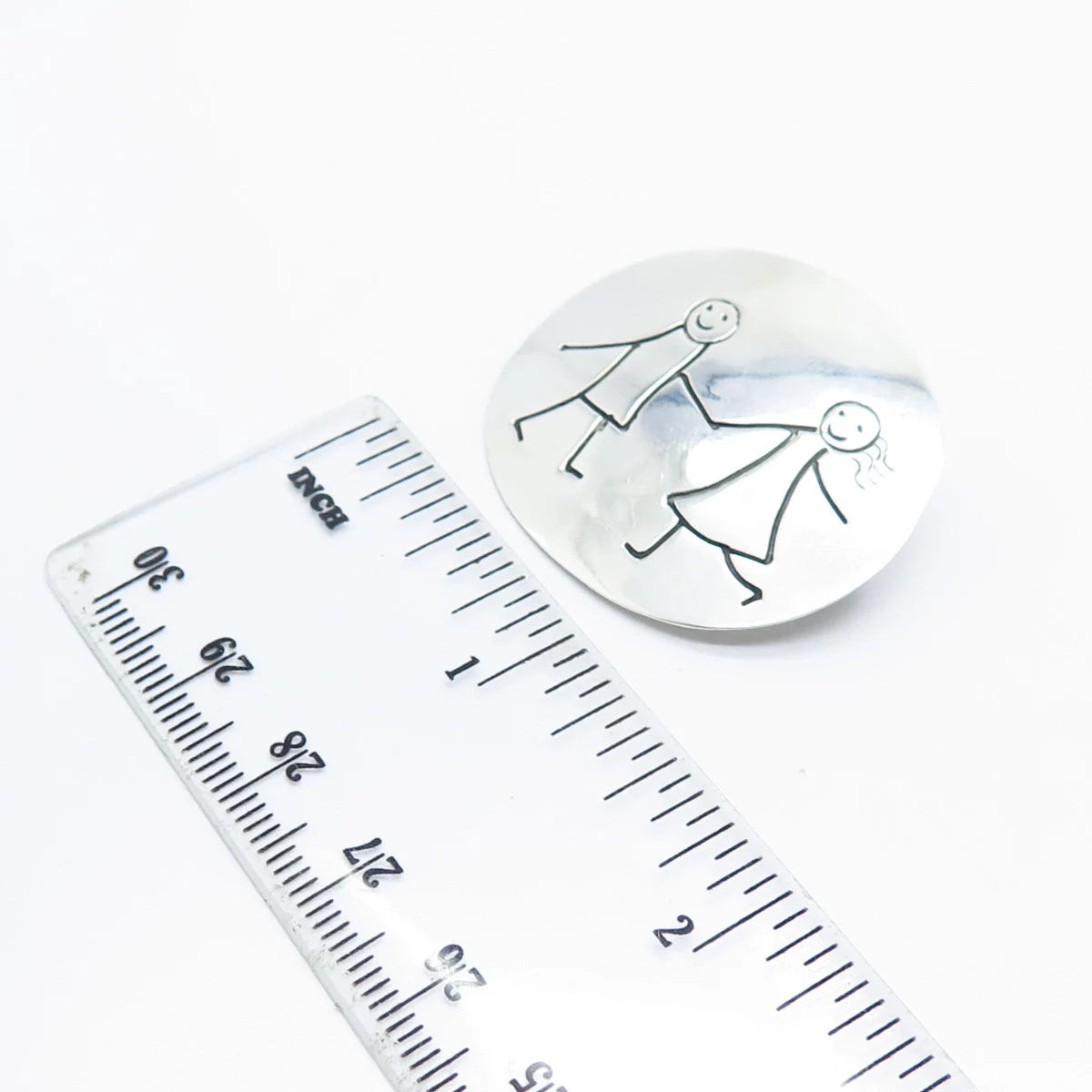 925 Sterling Silver Vintage Mexico Friends Children Boy & Girl Round Pin Brooch