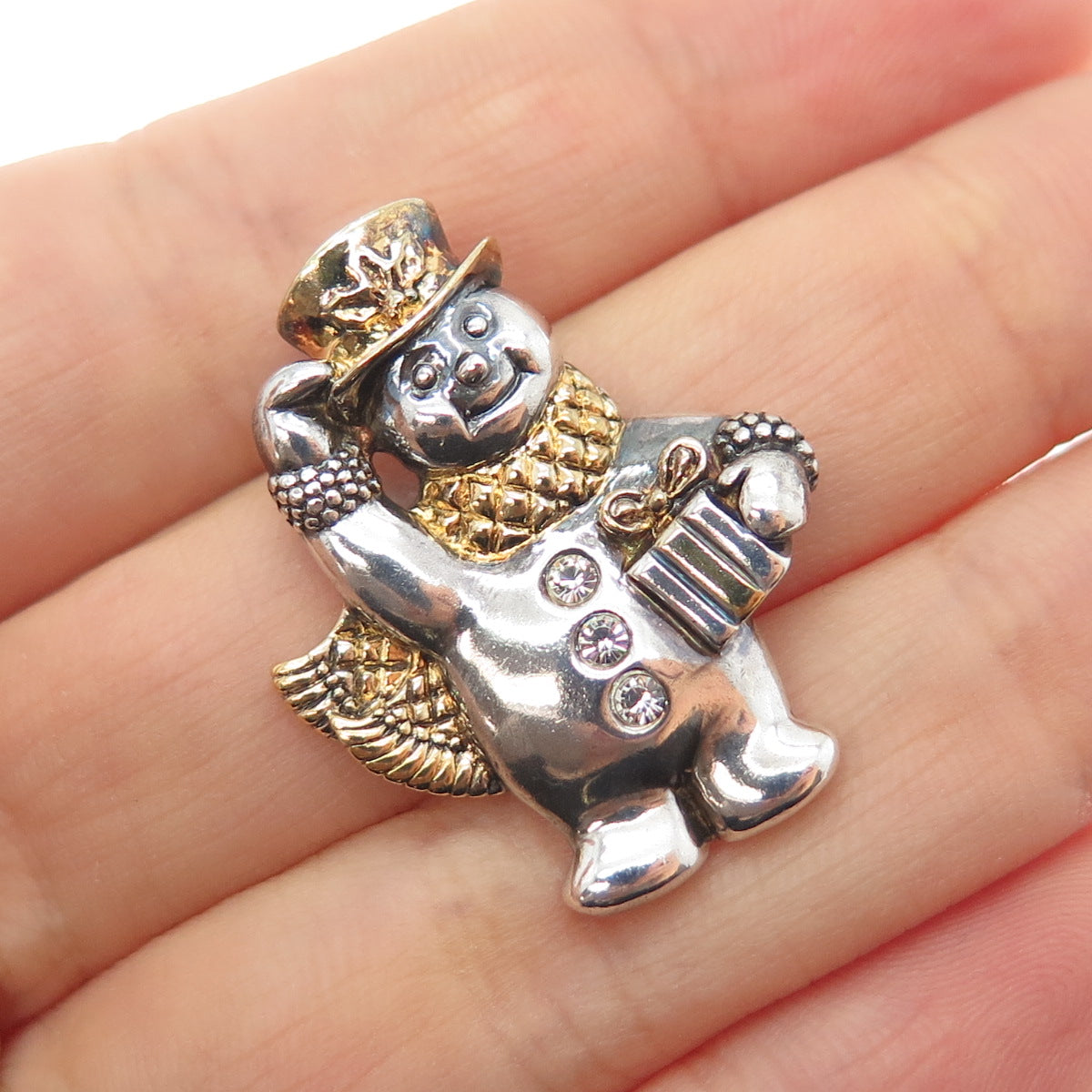 LENOX 925 Sterling Silver 2-Tone Vintage C Z Snowman Slide Pendant