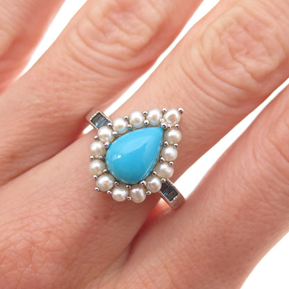 925 Sterling Silver Real Sleeping Beauty Turquoise Pearl Blue Topaz Ring Size 8