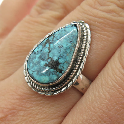 925 Sterling Silver Vintage Real Peacock Turquoise Southwestern Ring Size 7.5