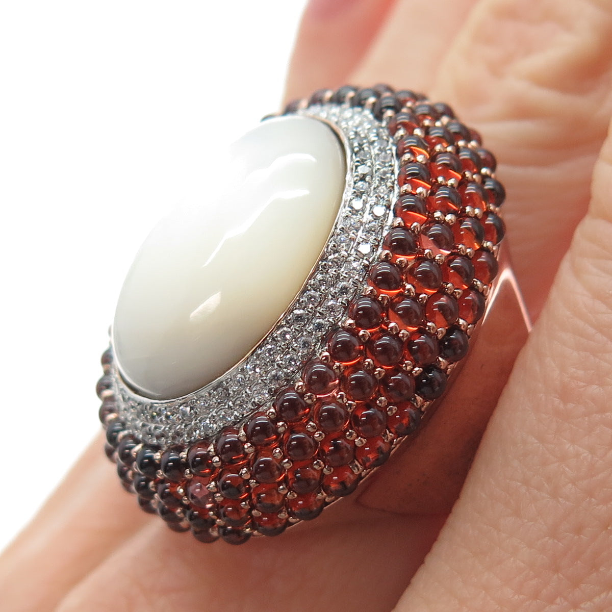 925 Sterling Silver Rose Gold Plated Real MOP Red Garnet & C Z Ring Size 7.25