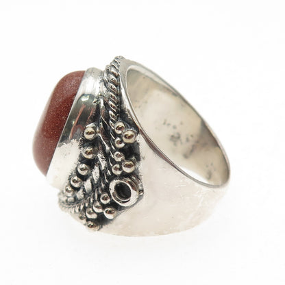 925 Sterling Silver Vintage Real Goldstone Modernist Oxidized Ring Size 9.75