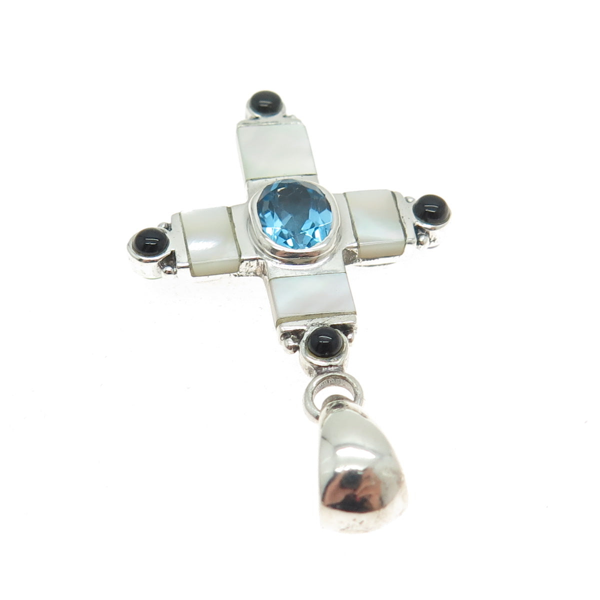 925 Sterling Silver Vintage Mother-of-Pearl & Multi-Gem Cross Dual Sided Pendant