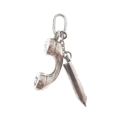 925 Sterling Vintage Italy Telephone Receiver & Pencil Minimalist Charm Pendant