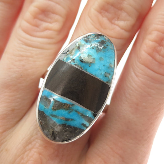 Old Pawn Sterling Silver Vintage Morenci Turquoise & Black Onyx Ring Size 10.75