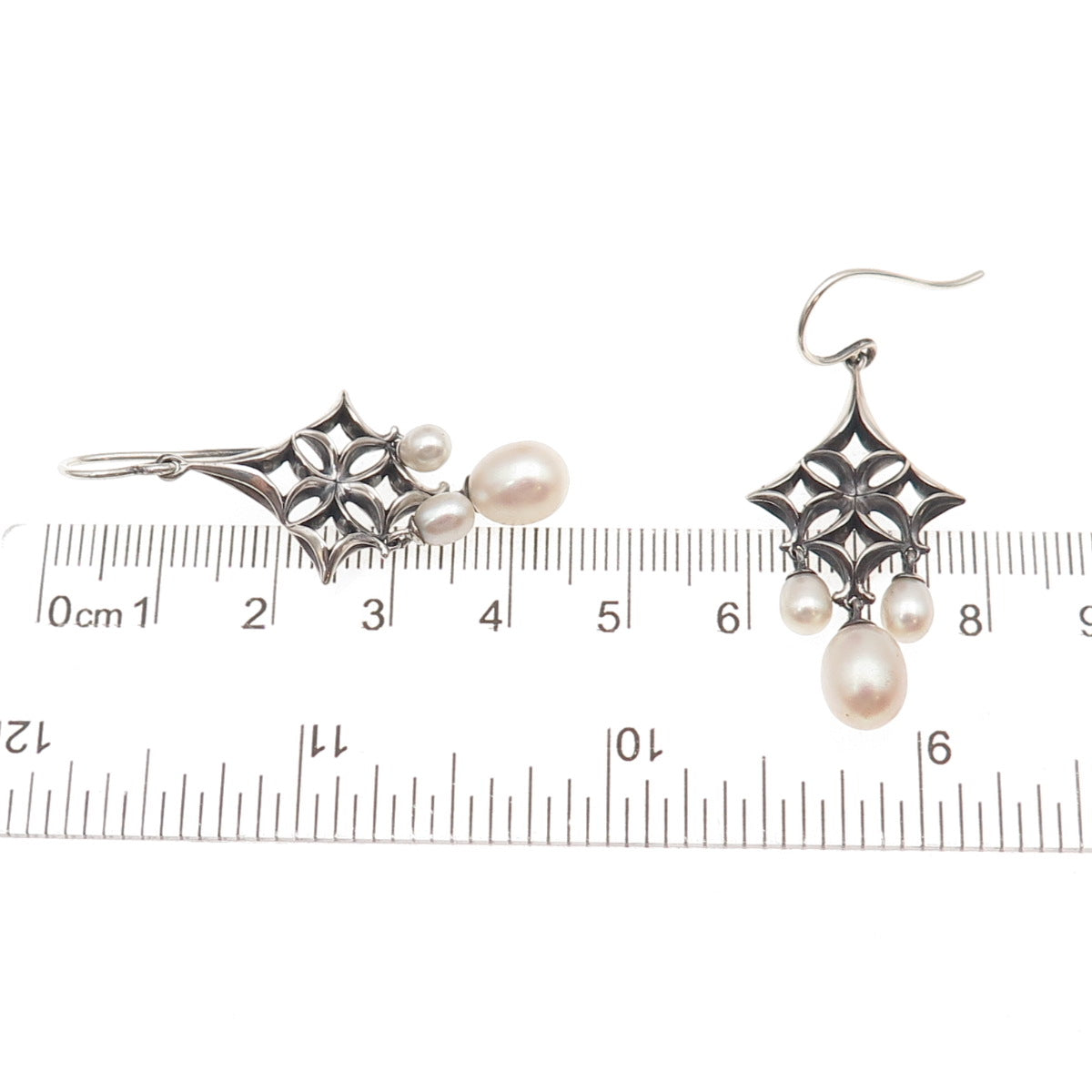 Ann King 925 Sterling Silver Vintage Real Pearl Floral Oxidized Dangle Earrings