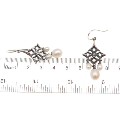 Ann King 925 Sterling Silver Vintage Real Pearl Floral Oxidized Dangle Earrings