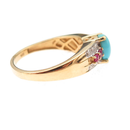 Chuck Clemency Sterling Silver Gold Plated Real Turquoise & Ruby Ring Size 8.25