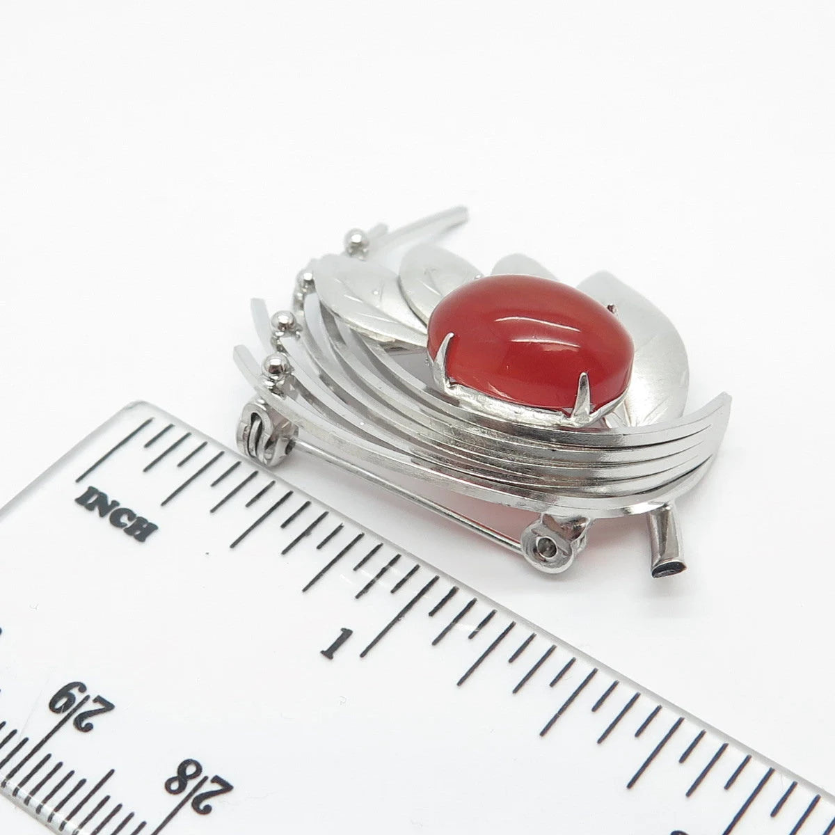 Silver-Tone Antique Real Carnelian Gemstone Leaf Pin Brooch