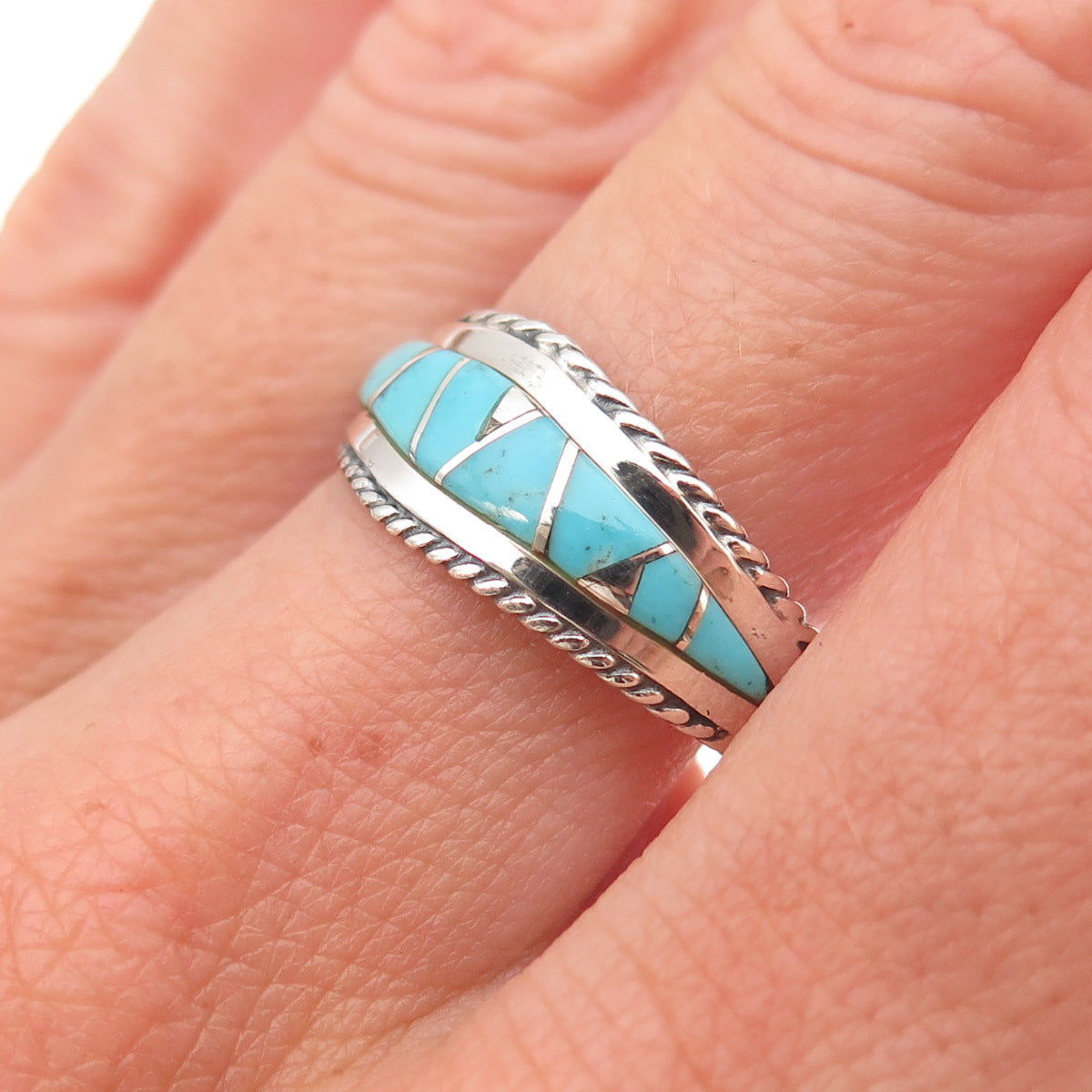 925 Sterling Silver Vintage Real Turquoise Zig Zag Oxidized Ring Size 8.25