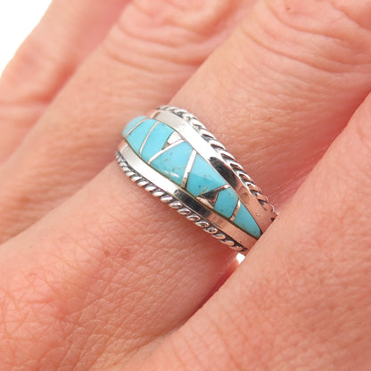 925 Sterling Silver Vintage Real Turquoise Zig Zag Oxidized Ring Size 8.25