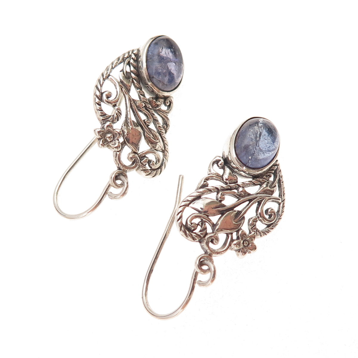 925 Sterling Silver Vintage Real Tanzanite Floral Oxidized Dangle Earrings