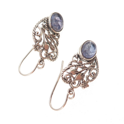 925 Sterling Silver Vintage Real Tanzanite Floral Oxidized Dangle Earrings