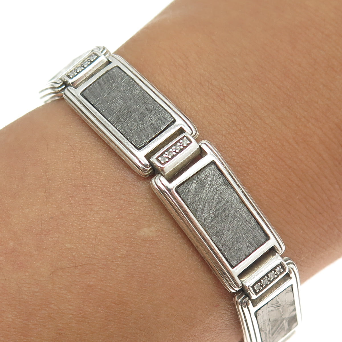 925 Sterling Silver Vintage Real Diamond & Gibeon Meteorite Panel Bracelet 6.75"