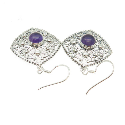 925 Sterling Silver Vintage Real Amethyst Flower Oxidized Dangle Earrings