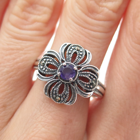 ROSS SIMONS 925 Sterling Vintage Real Amethyst & Marcasite Flower Ring Size 9.25