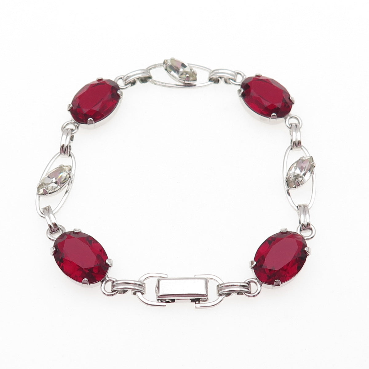 Van Dell 925 Sterling Silver Antique Art Deco Red & White Rhinestone Bracelet 7"