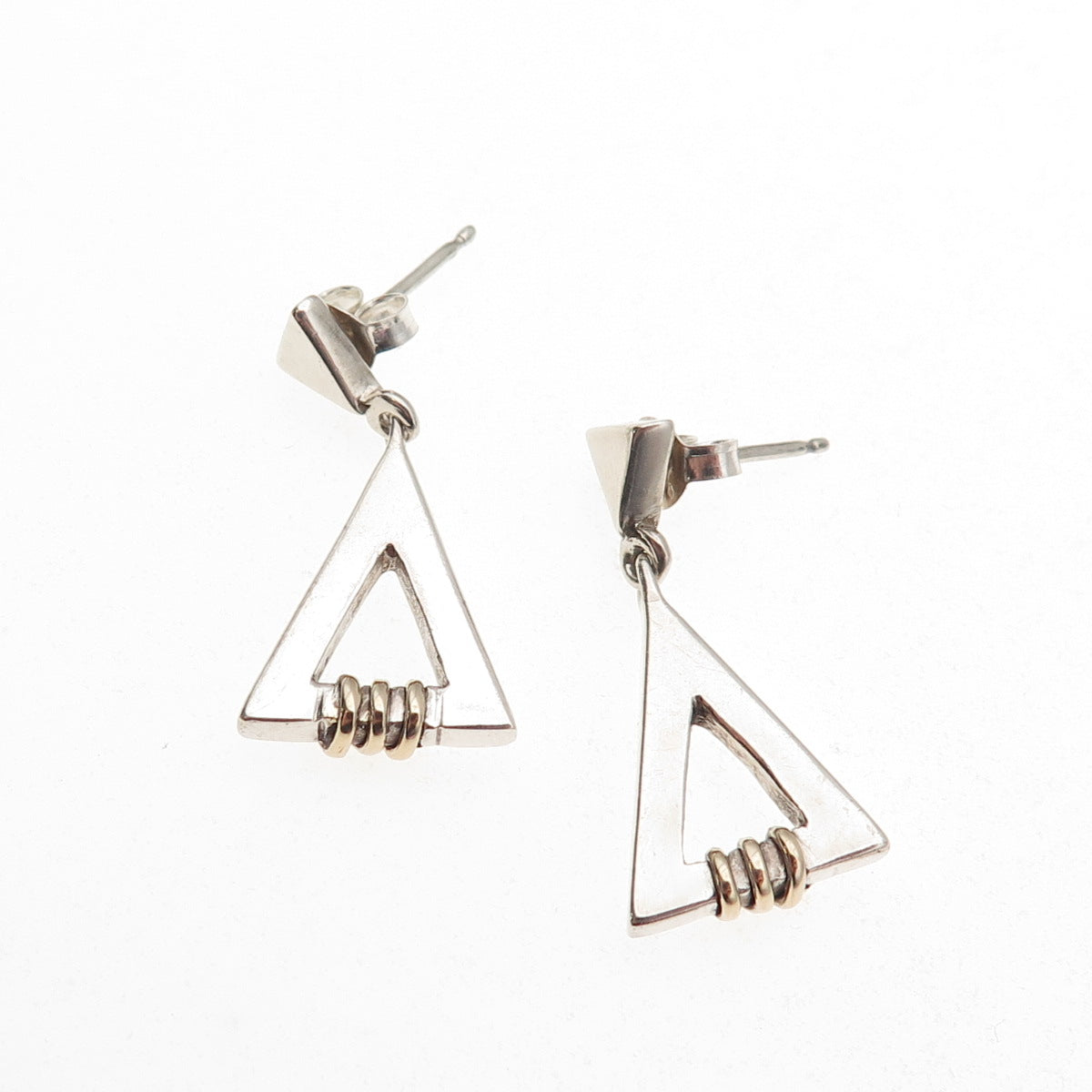 925 Sterling Silver Gold Filled Vintage Modernist Triangle Dangle Earrings