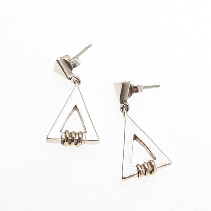 925 Sterling Silver Gold Filled Vintage Modernist Triangle Dangle Earrings