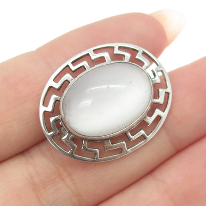 925 Sterling Silver Vintage Real Milky Opal Gemstone Greek Maze Pin Brooch