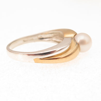 CNA Pranda 925 Sterling Silver 2-Tone Vintage Real Pearl Ring Size 7.75