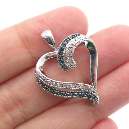 SUN 925 Sterling Silver Real Round-Cut White & Blue Diamond Heart Pendant