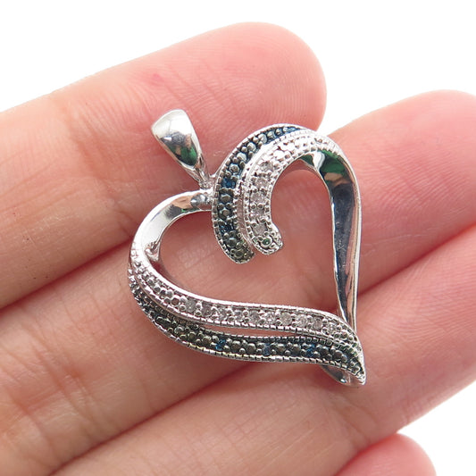 SUN 925 Sterling Silver Real Round-Cut White & Blue Diamond Heart Pendant