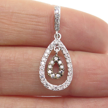 925 Sterling Silver 2-Tone Round-Cut C Z Teardrop Pendant
