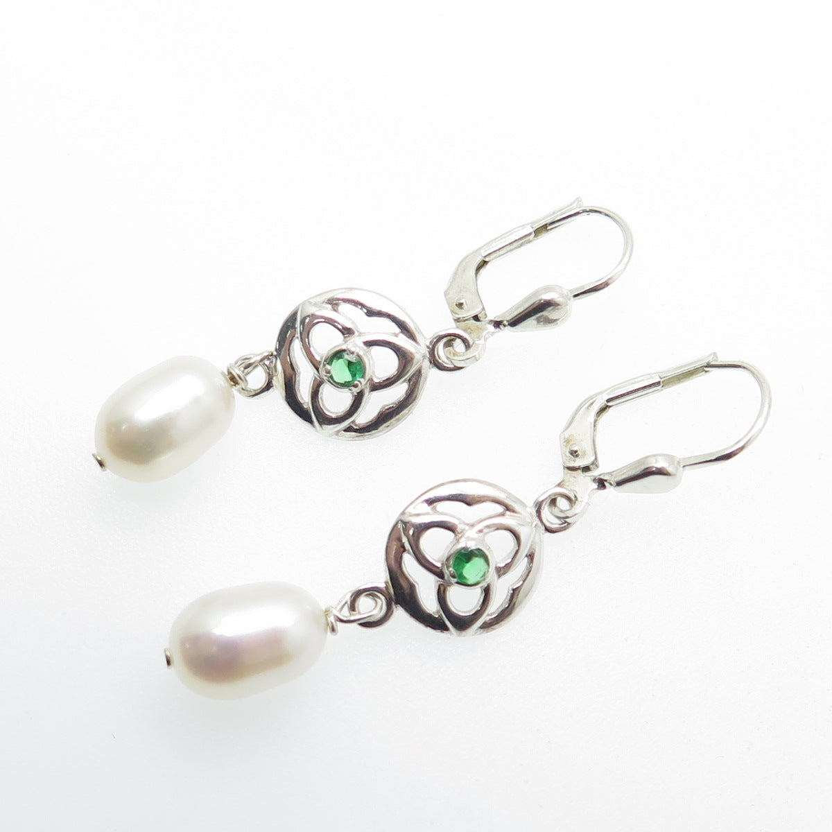 925 Sterling Silver Vintage Dublin Nano Emerald & Pearl Celtic Trinity Earrings