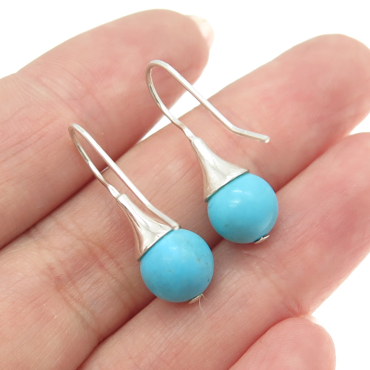 925 Sterling Silver Vintage Real Turquoise Gemstone Hook Earrings