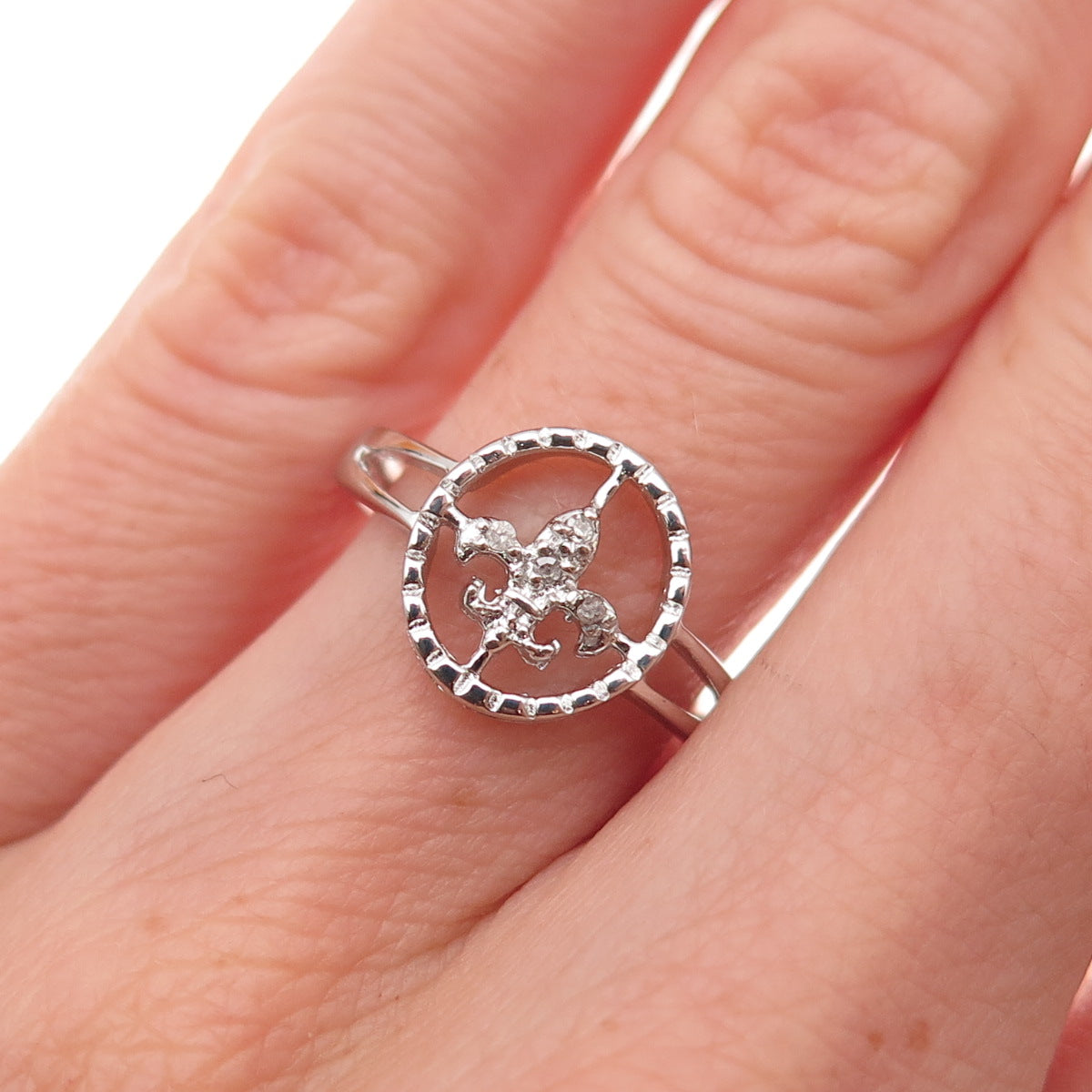 925 Sterling Silver Real Round-Cut Diamond Fleur de Lis Ring Size 6