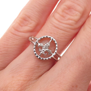 925 Sterling Silver Real Round-Cut Diamond Fleur de Lis Ring Size 6