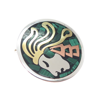 925 Sterling Silver 3-Tone Vintage Mexico Real Malachite Warrior Brooch Pendant