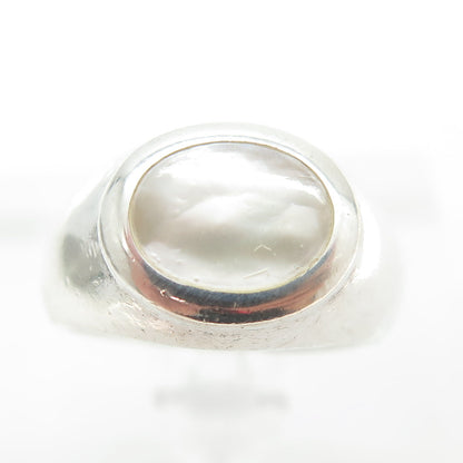 925 Sterling Silver Vintage Real Mother-of-Pearl Signet Ring Size 7.75