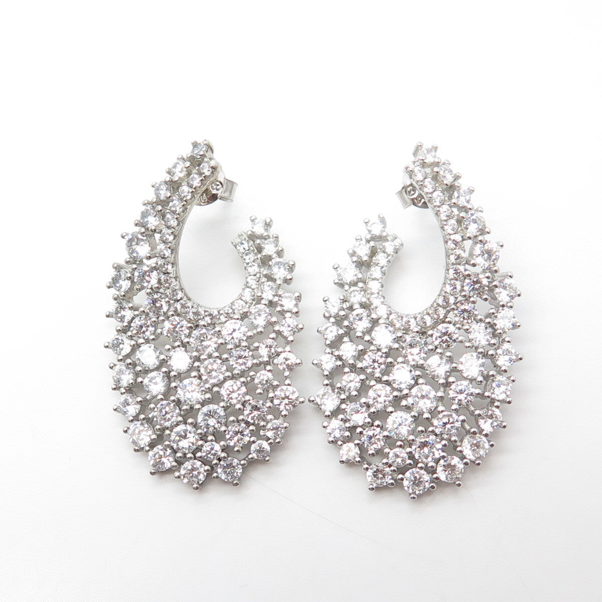 925 Sterling Silver White C Z Cluster Dangling Drop Earrings