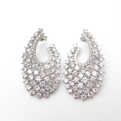 925 Sterling Silver White C Z Cluster Dangling Drop Earrings