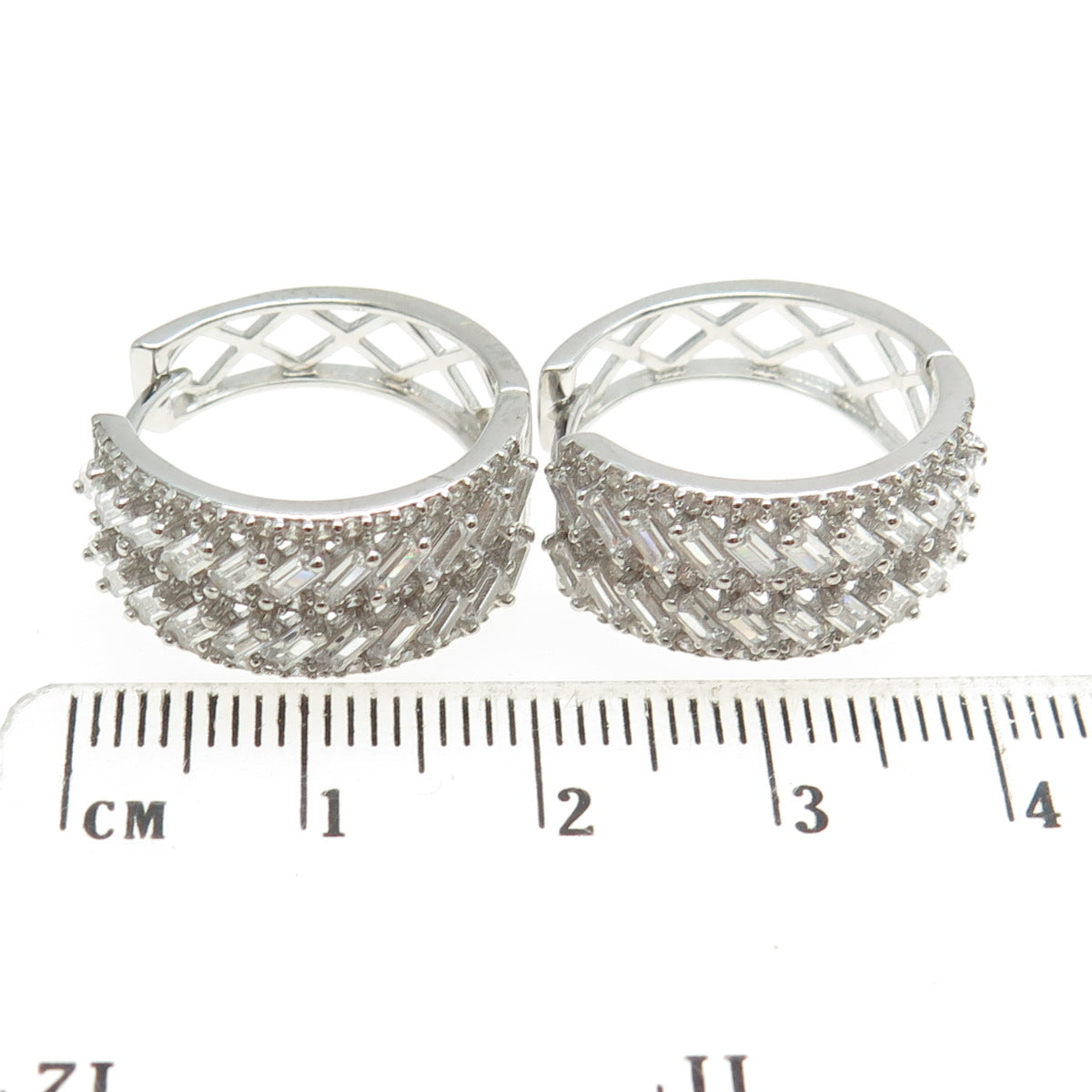 925 Sterling Silver Round & Baguette-Cut C Z Hoop Earrings