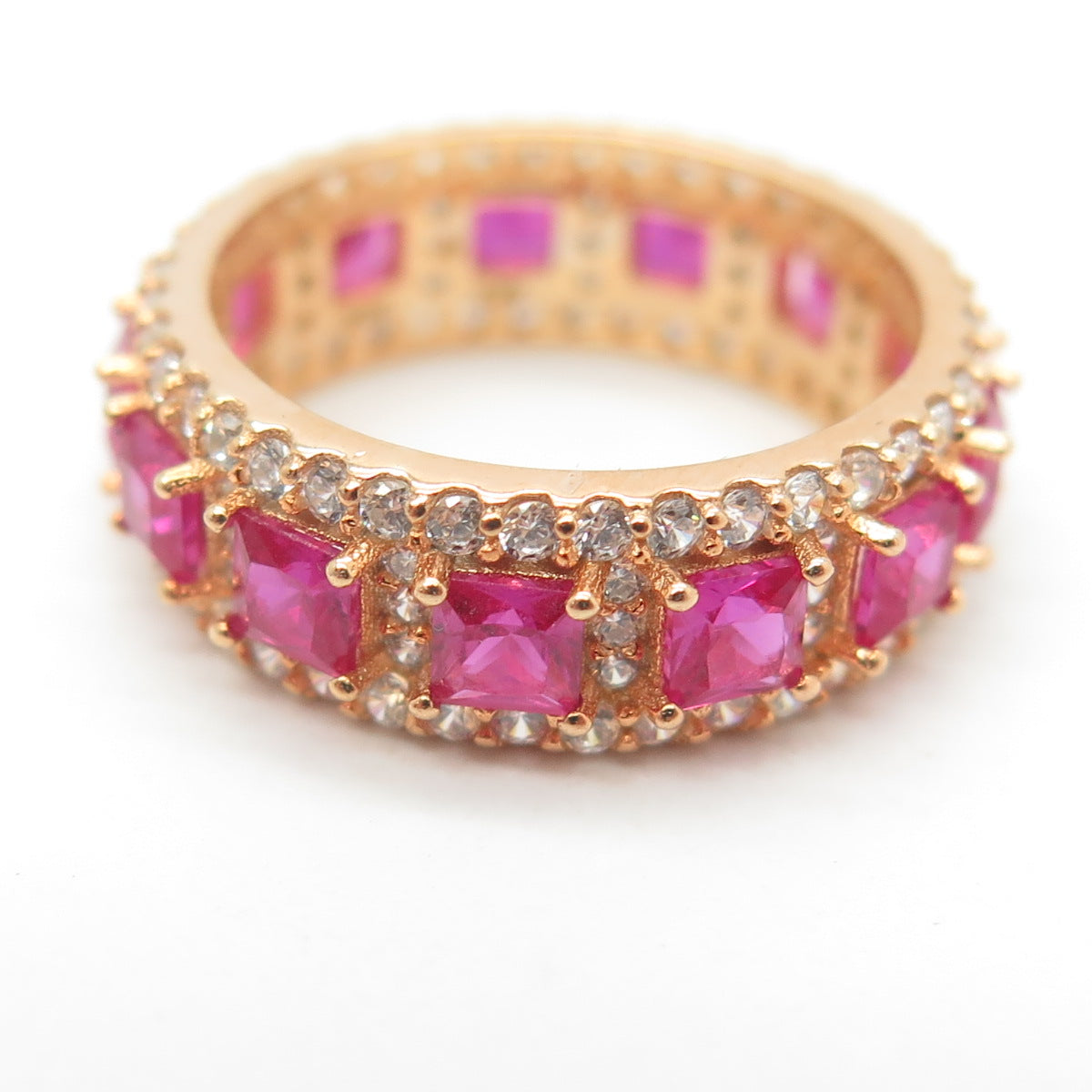 925 Sterling Silver Gold Plated Lab-Created Ruby & C Z Band Ring Size 5.25