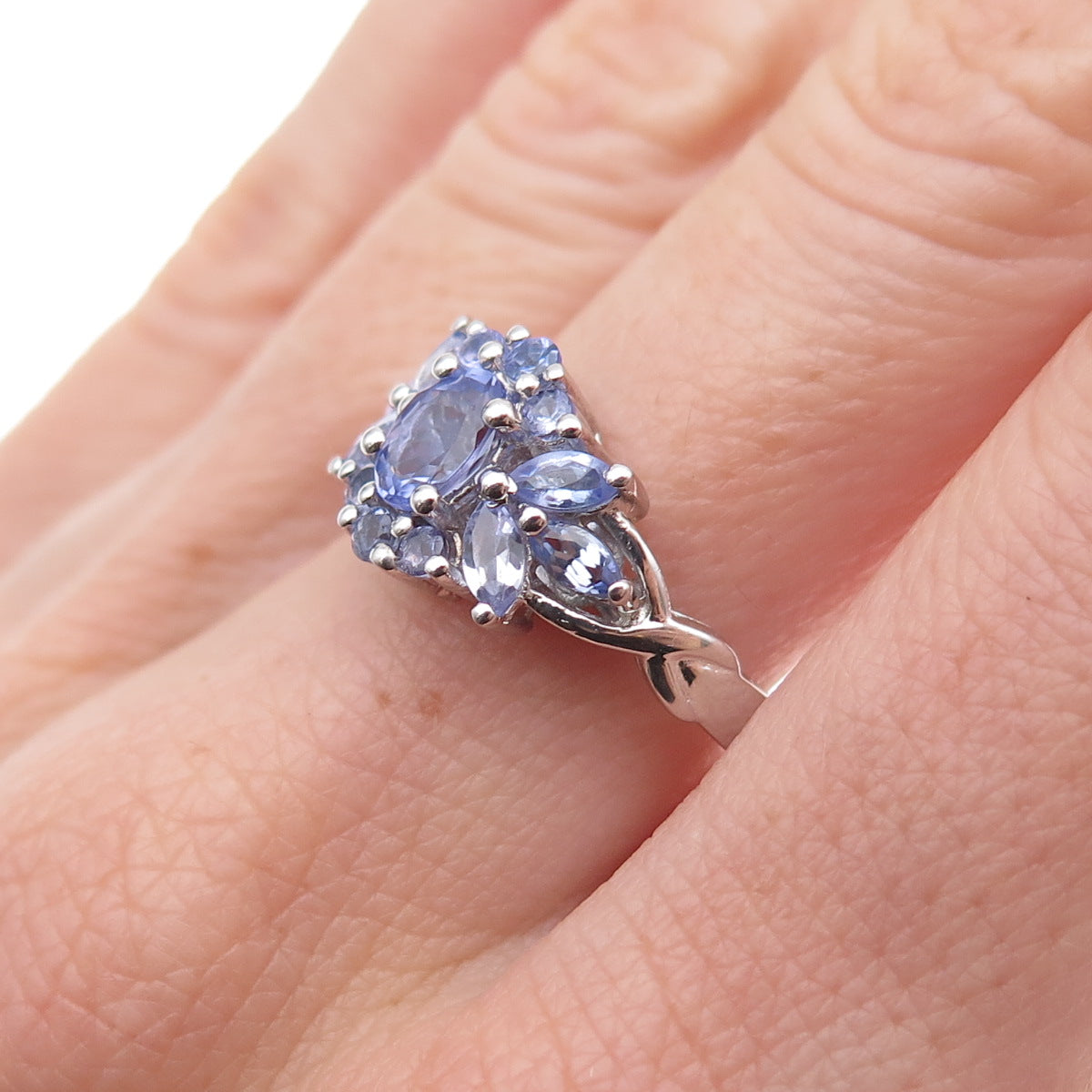 Chuck Clemency 925 Sterling Silver Real Multi-Cut Tanzanite Floral Ring Size 8