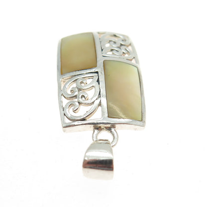 925 Sterling Silver Vintage Real Cream Mother-of-Pearl Ornate Swirl Pendant