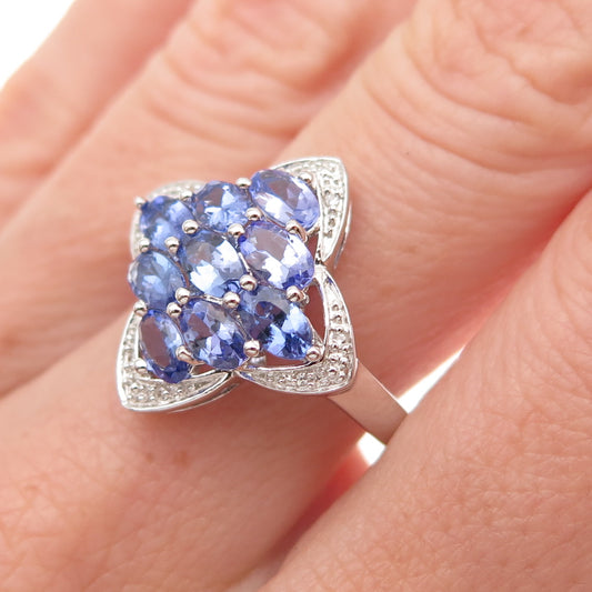 925 Sterling Silver Real Oval-Cut Tanzanite Round-Cut White Topaz Ring Size 8.25