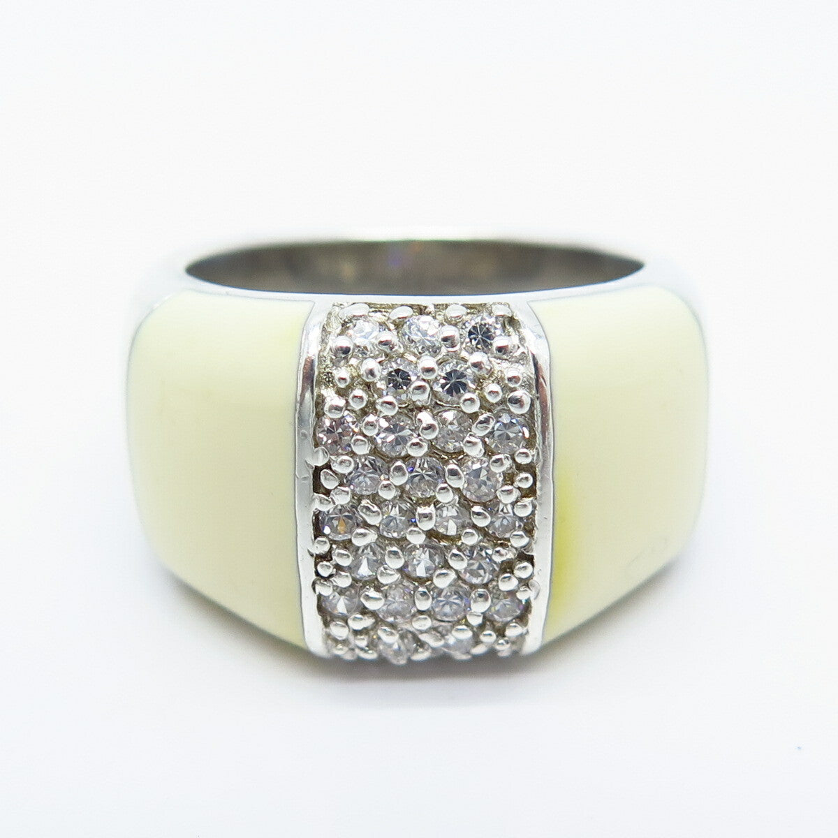 925 Sterling Silver White Onyx Imitation & C Z Ring Size 7.25
