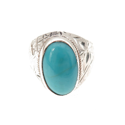 925 Sterling Silver Vintage Real Turquoise Diamond-Cut Oxidized Ring Size 9.75