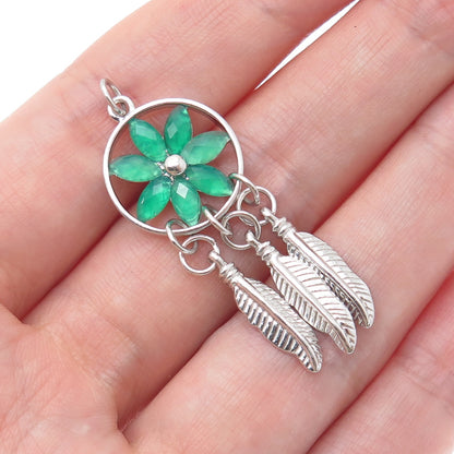 925 Sterling Silver Real Green Chalcedony Dreamcatcher Charm Pendant