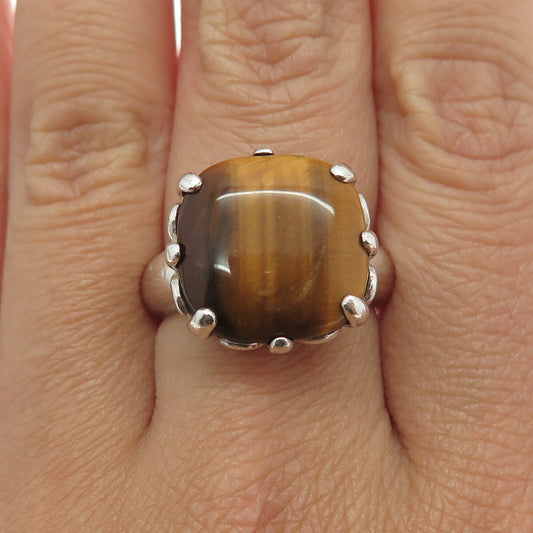 AIL Aluma 925 Sterling Silver Vintage Real Tiger Eye Modernist Ring Size 7.75