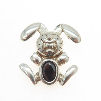 925 Sterling Silver Vintage Real Red Garnet Gemstone Happy Rabbit Pendant