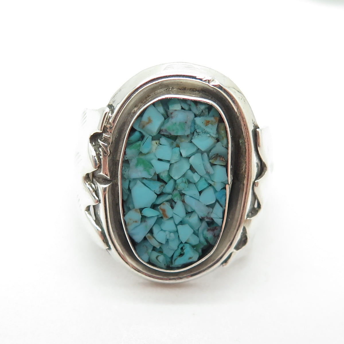 Old Pawn Sterling Silver Vintage Real Turquoise Inlay Bear Paw Ring Size 8.25