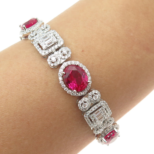 925 Sterling Silver Lab-Created Ruby & C Z Bohemian Link Bracelet 7"